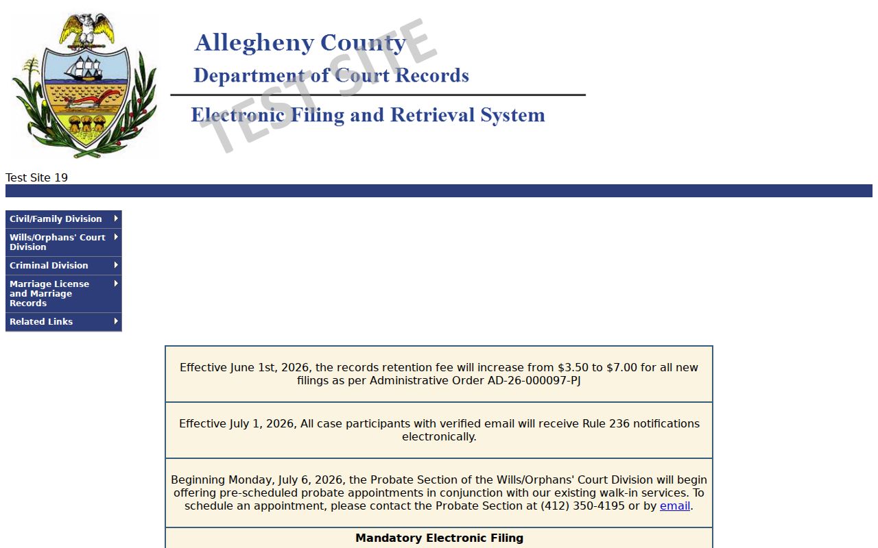 Upper St. Clair Township ZIP code directory, Allegheny Department of Court Records notices