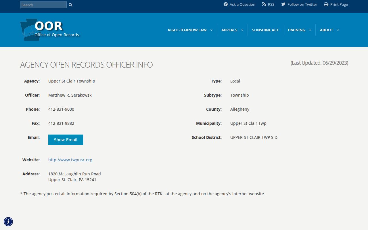 Upper St. Clair Township street directory open-records listing