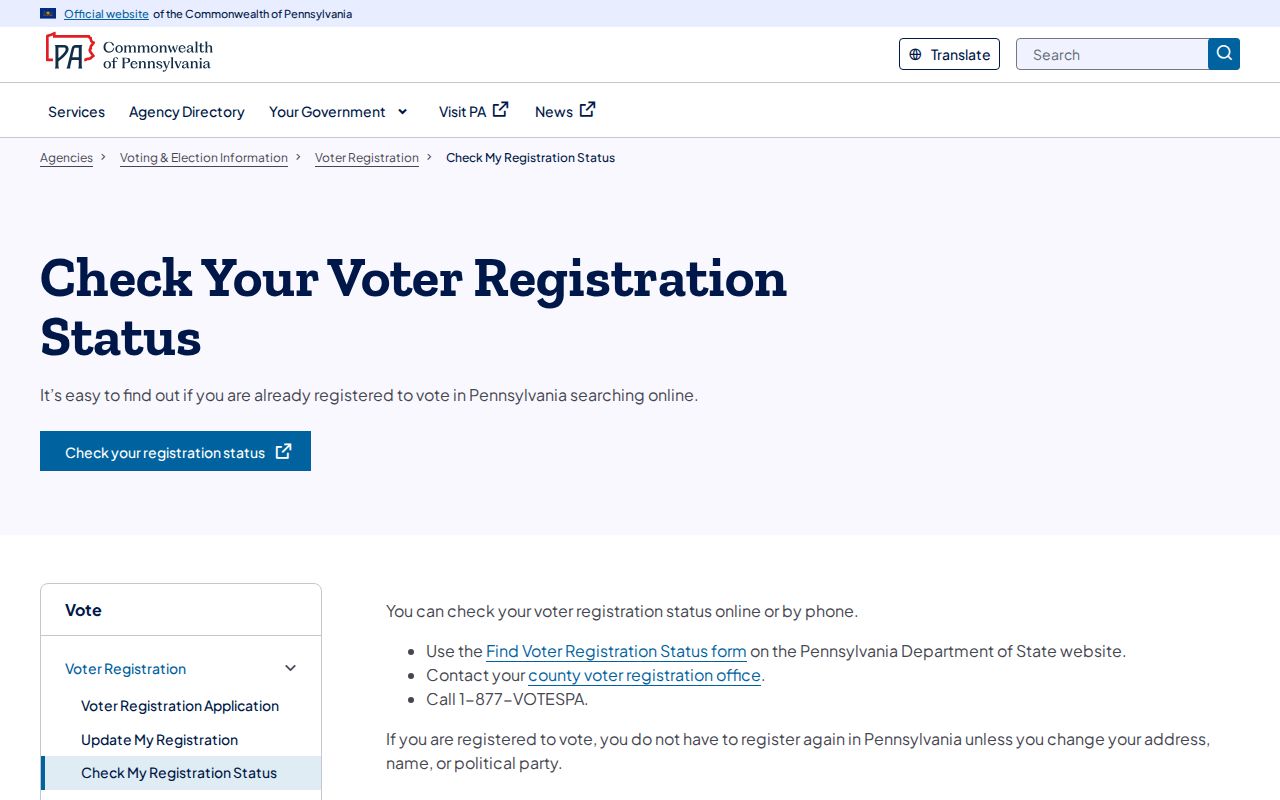 Upper St. Clair Township ZIP code directory, Pennsylvania voter registration status guidance