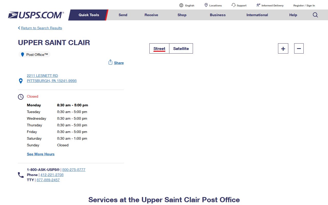 Upper St. Clair Township ZIP code directory, USPS Upper Saint Clair Post Office